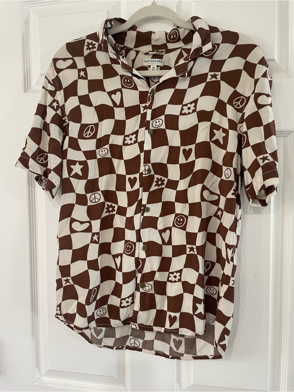 EARTHBOUND Brown and Cream Checkerboard Shirt with Playful Motifs- Groovy-   M